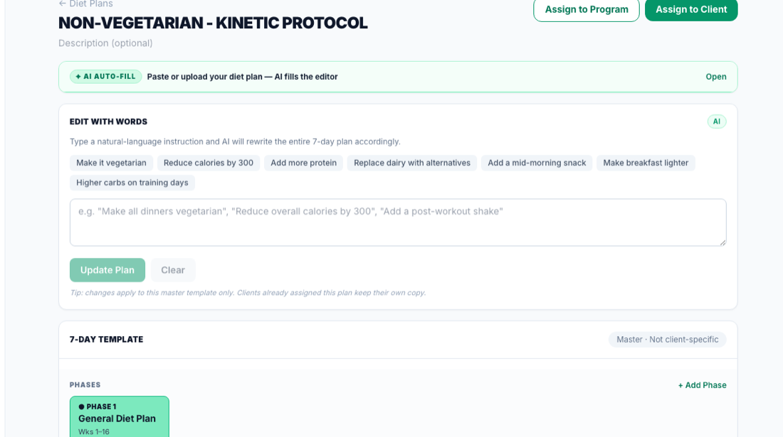 AI diet plan builder — a 7-day plan edited in plain English by AI