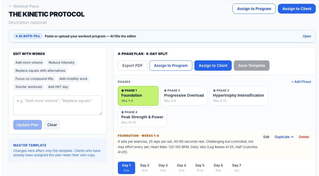 AI workout program builder — a 4-phase, 6-day training split with AI auto-fill