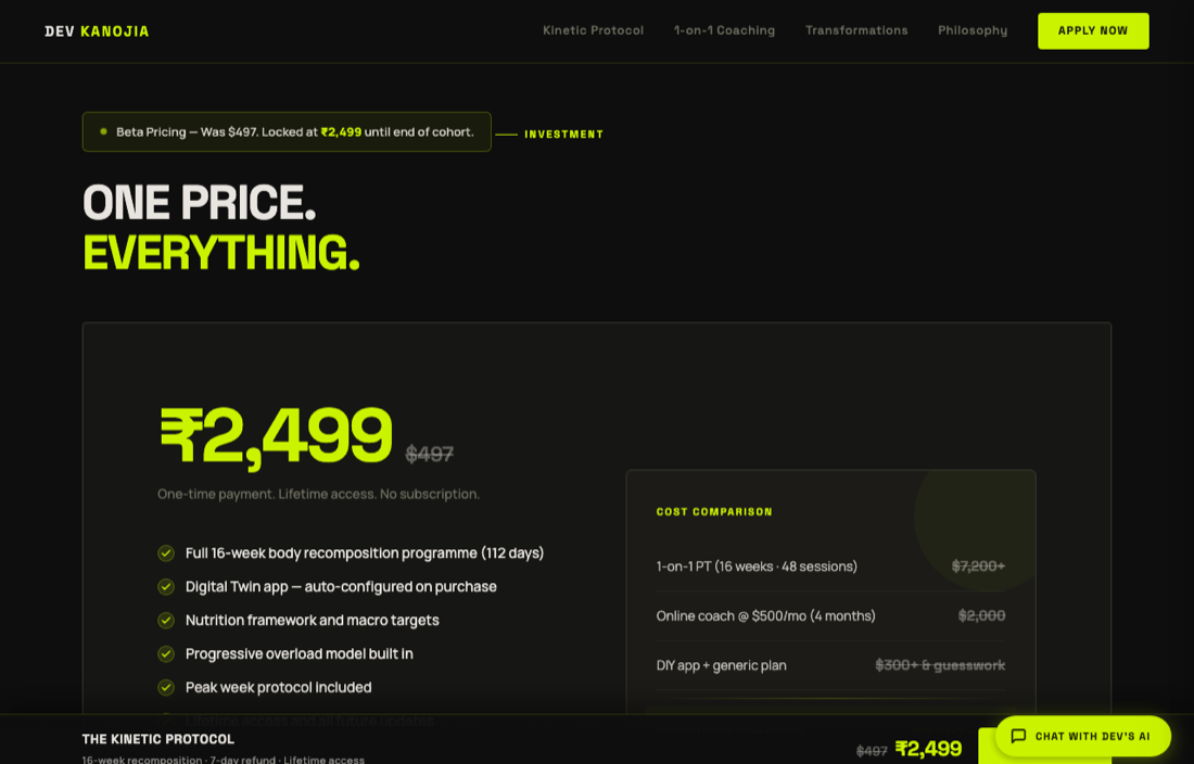 Checkout on the coach's own site — one-time price, lifetime access, no subscription