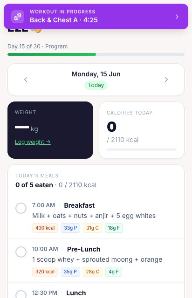 Real client web app — today's meals, macros and progress