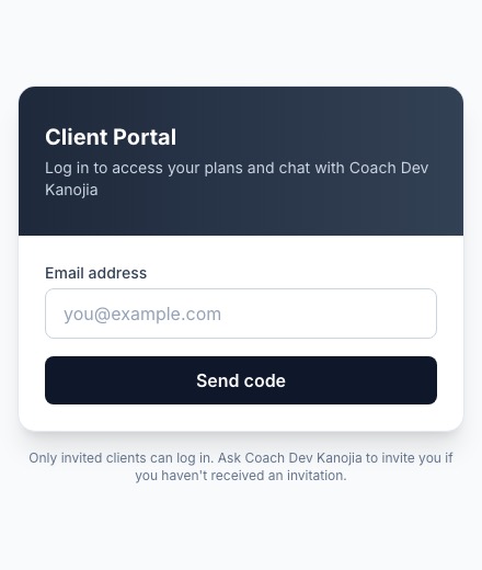Client web app login — branded Client Portal with email + one-time code, no password