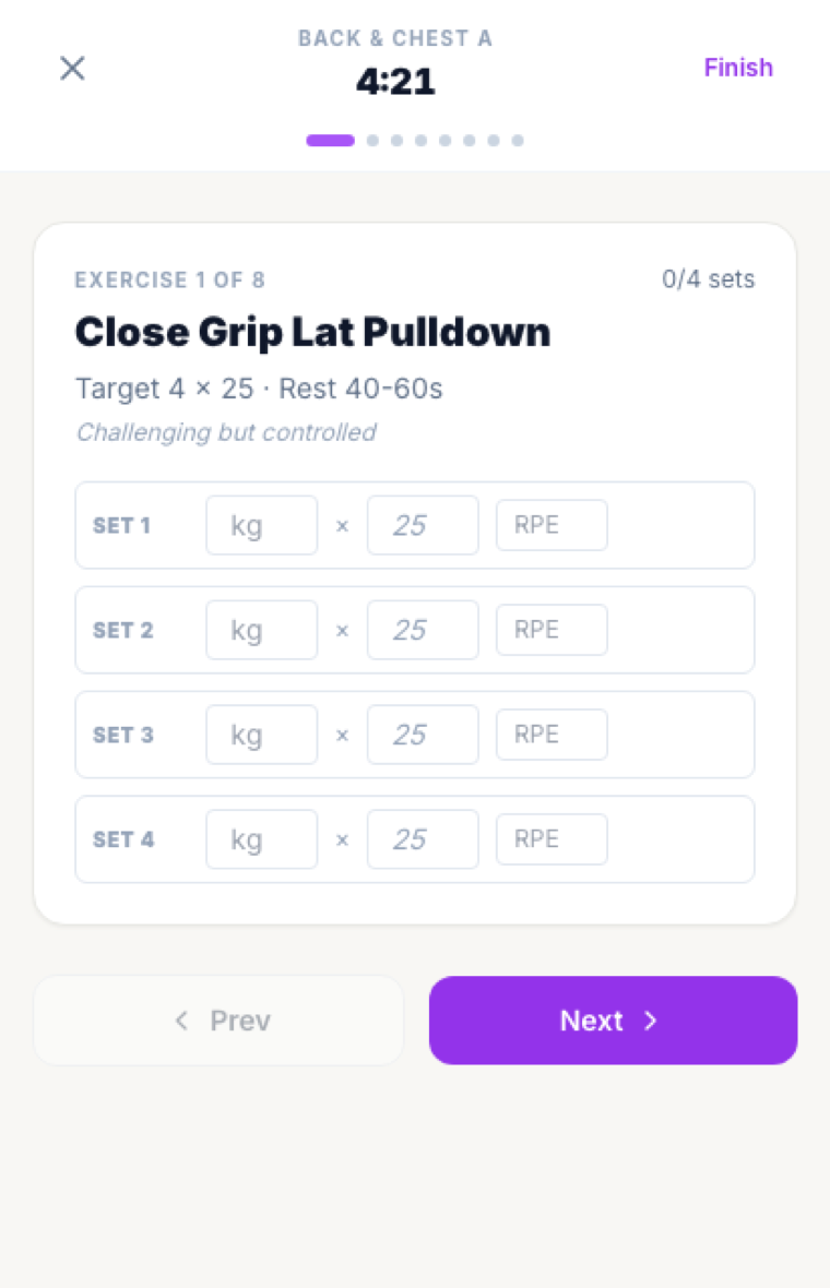 Real client web app — workout player logging sets for Back & Chest