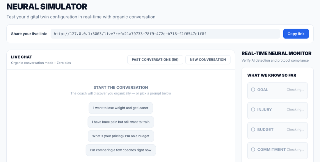 Real-time neural monitor — the twin detects each lead's goal, injury, budget and commitment
